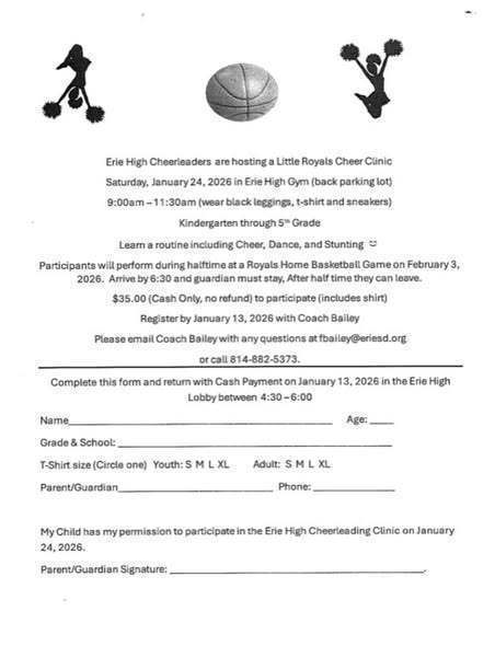 A flyer for signing up for Little Royals Cheer Clinic that the Erie High Cheerleaders are hosting. 