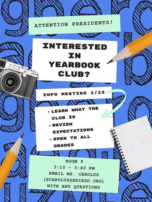 Yearbook Club Informational flyer on blue background. 