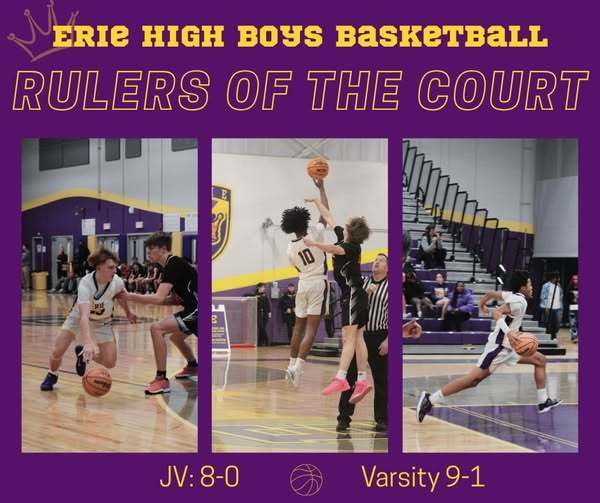 Erie High School boys basketball photos on the court against a purple background. 