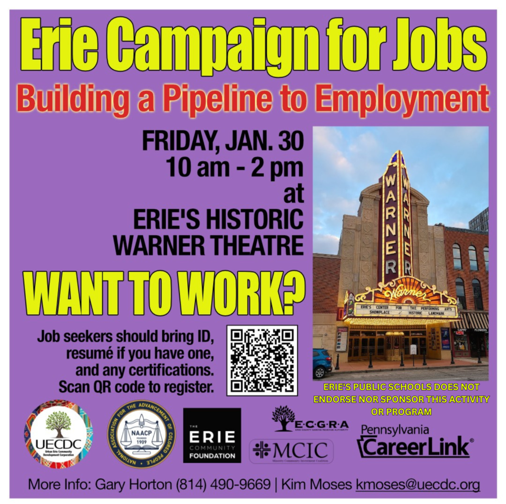 Erie Campaign for Jobs flyer against a purple background.
