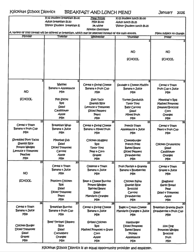 January Breakfast and Lunch Menu