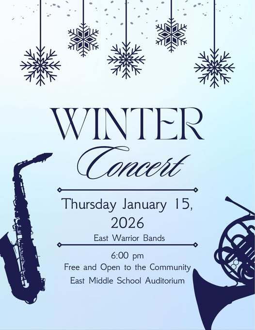 Winter concert flyer on a light blue background. 