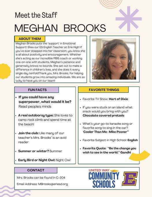 A graphic that highlights a staff member and gives more information on her.