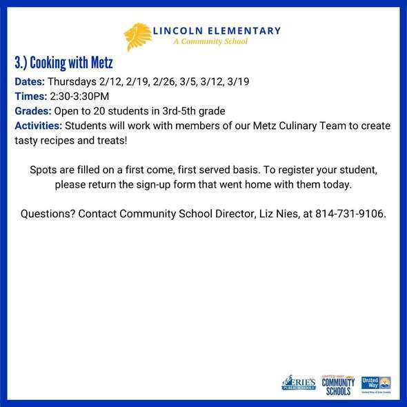 An after school enrichment programs which include, Cooking with Metz.