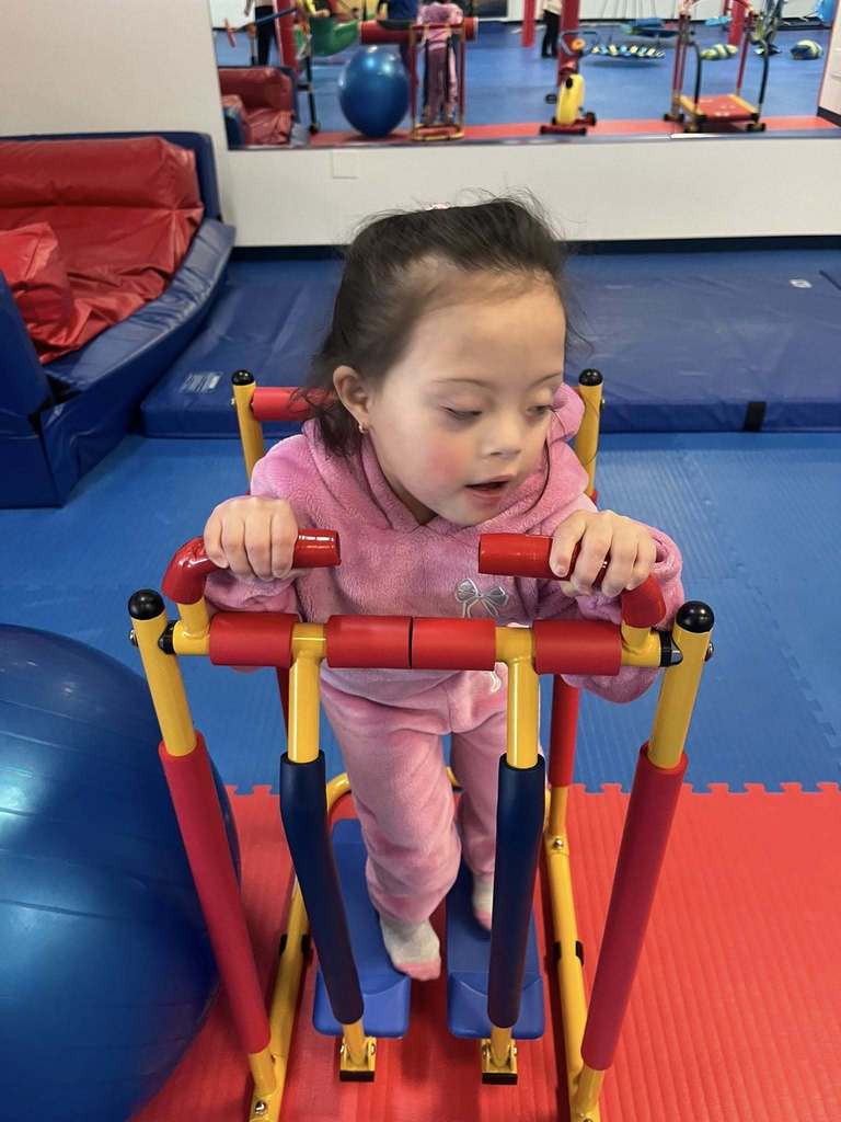 Young girl in a pink outfit on a gym toy.