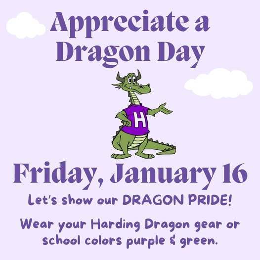 A dragon in a purple shirt with the letter "H" on it against a light purple background graphic for Appreciate a Dragon Day. 