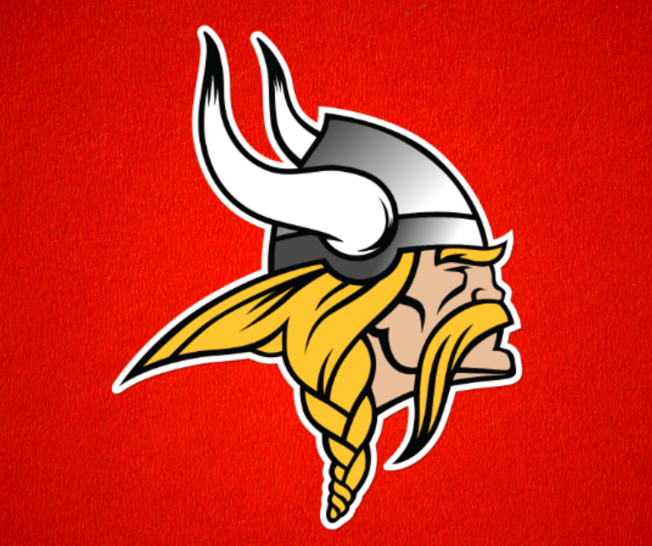 Red background and Viking image.