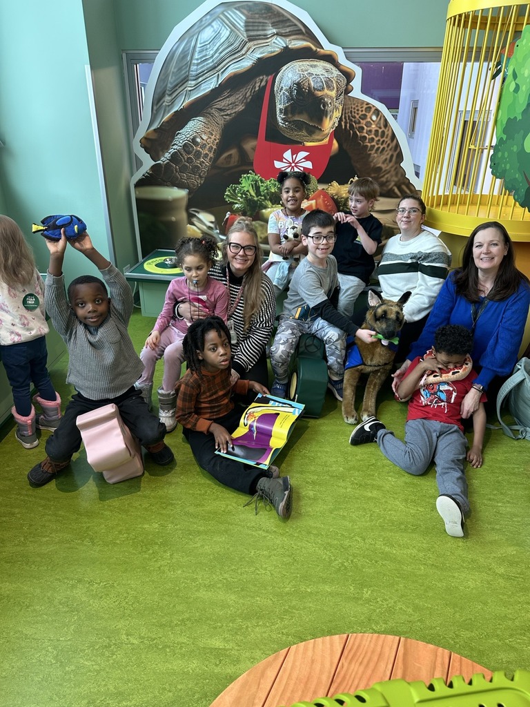 A group of kids and adults in a children's room and in front of a large photo of a turtle.