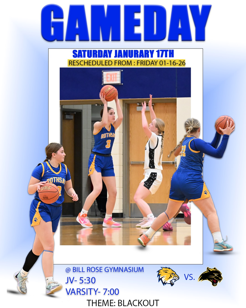 Game day post for girls' basketball with rescheduled date to 1/17/26.