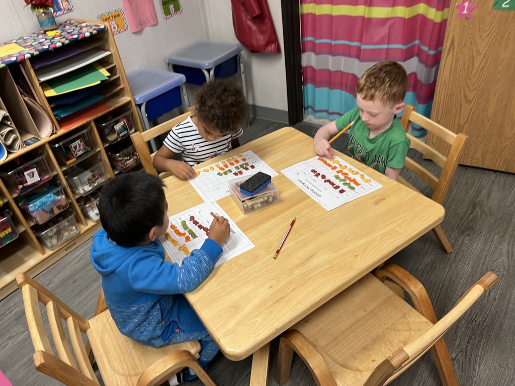 Three kids are graphing color Goldfish at a table