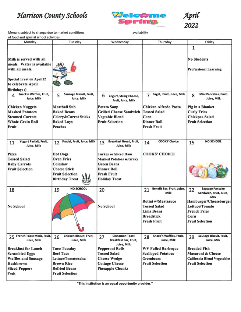 April 2022 Lunch Menu
