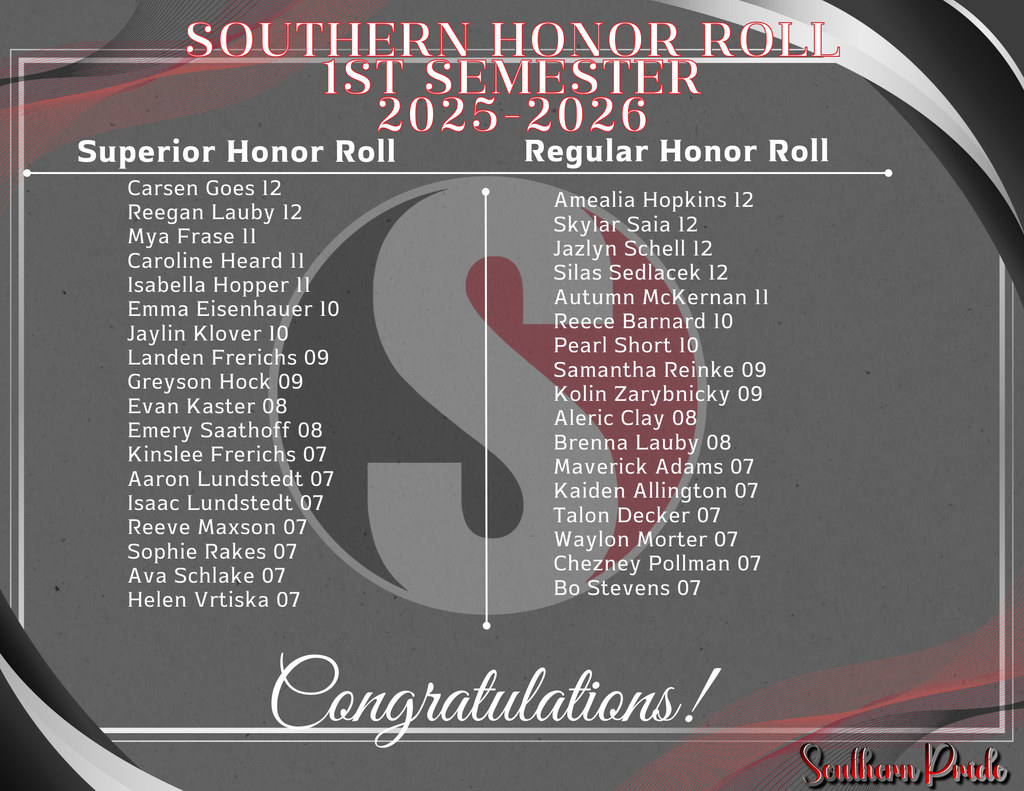 Graphic titled “Southern Honor Roll – 1st Semester 2025–2026” with a gray and red background. The left column lists students on the Superior Honor Roll by name and grade level, and the right column lists students on the Regular Honor Roll by name and grade level. The bottom of the graphic includes the word “Congratulations!” and the Southern Pride logo.