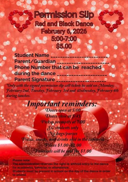Red and Black Dance Permission Slip  on a red background with hearts. 