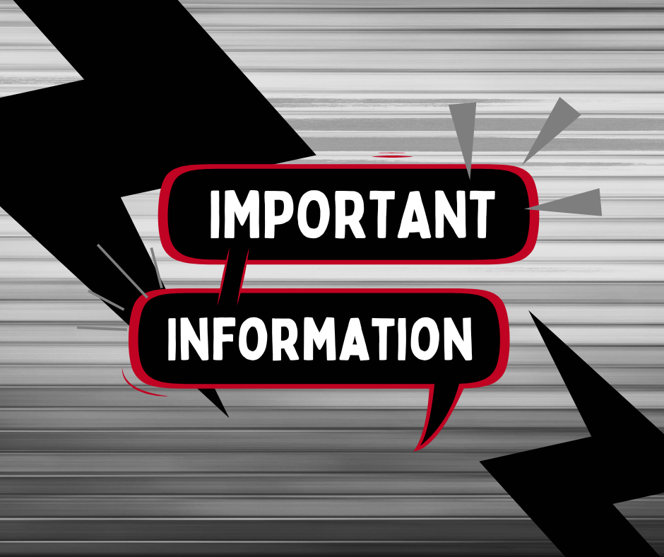 Graphic with a gray striped background and bold black arrows pointing toward red and black speech bubbles that read “Important Information,” highlighting an important school announcement.