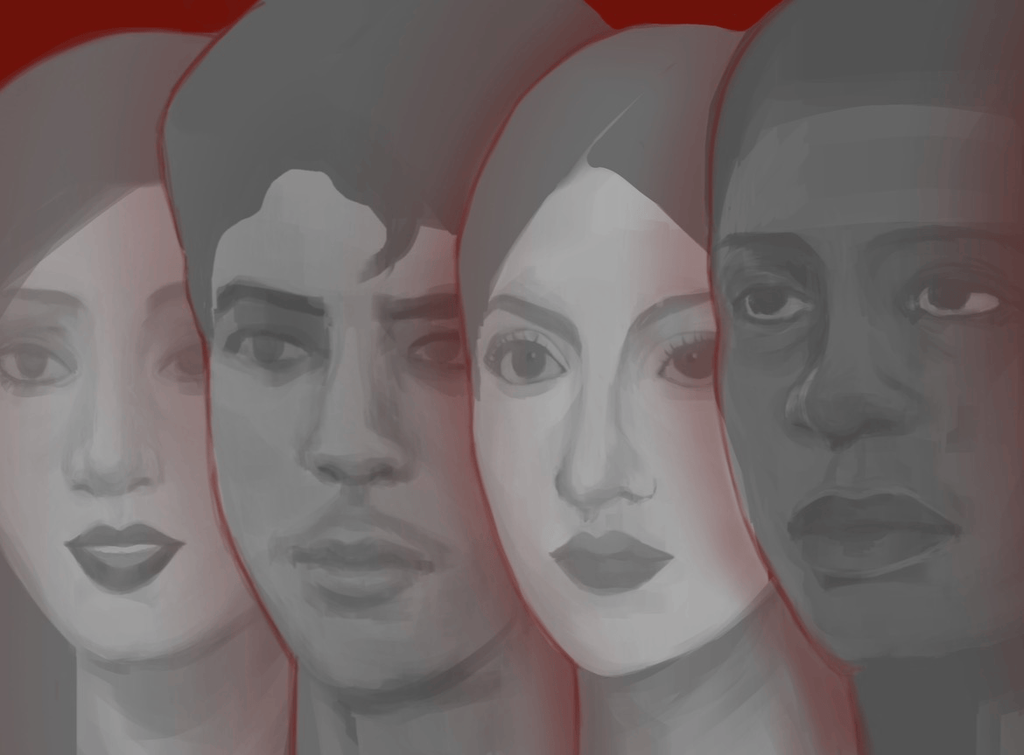 Student-created artwork showing portraits of four young people.