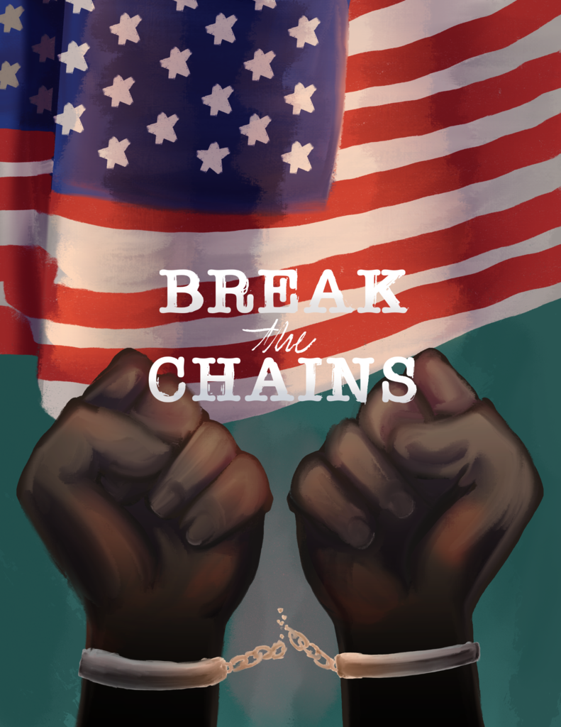 Student-created artwork showing a pair of brown handcuffed hands in front of an American flag on a green background.