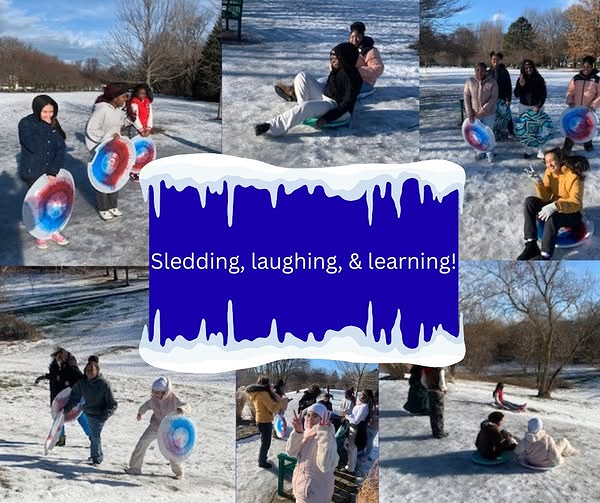 Photos of kids sledding in the snow. 