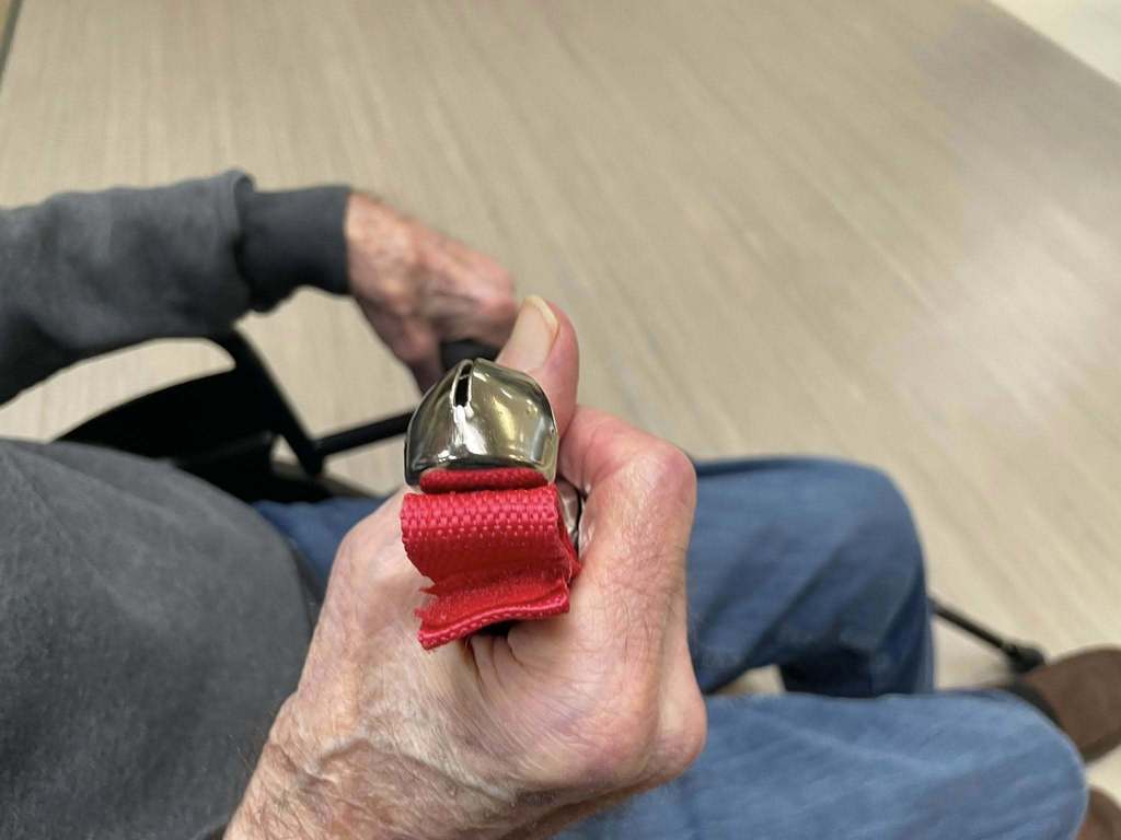 A bell with a red band, being held by an elderly hand. 