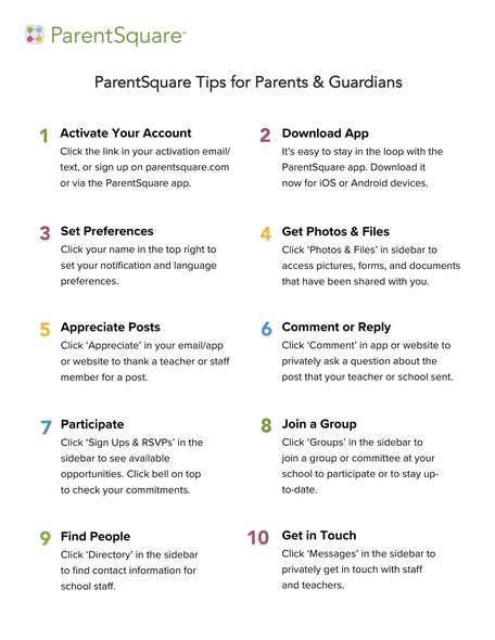 Graphic that shares tips for parents and guardians about Parent Square. 