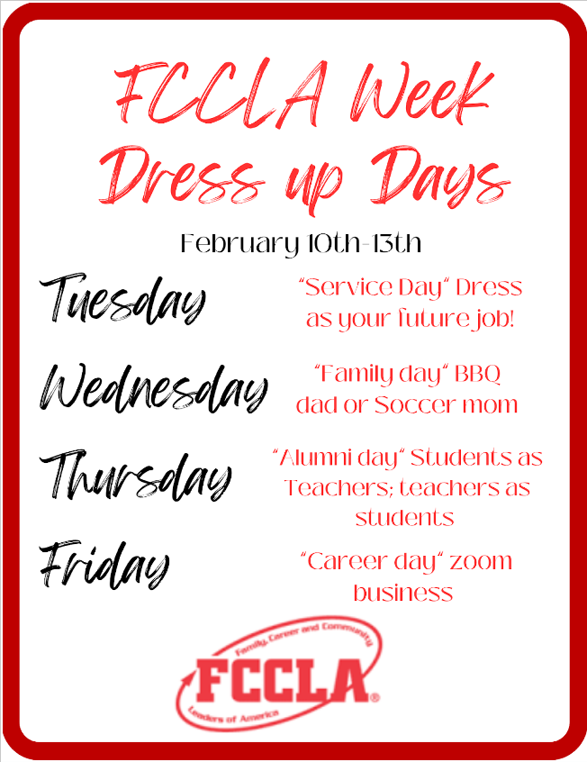 Dress up days for FCCLA Week on 2/10-2/13
