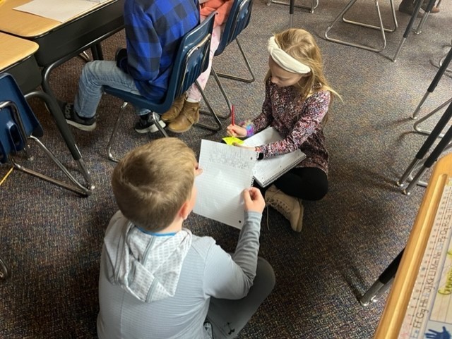 Two students sitting on the floor conferencing.