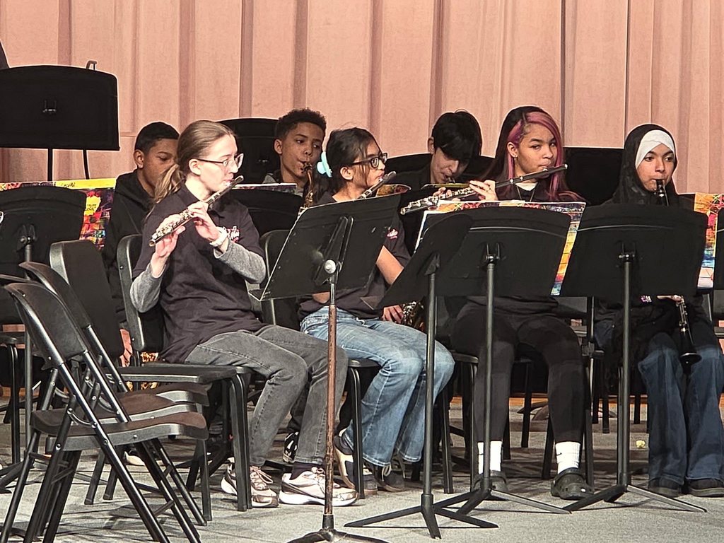 Kids playing instruments at a concert. 