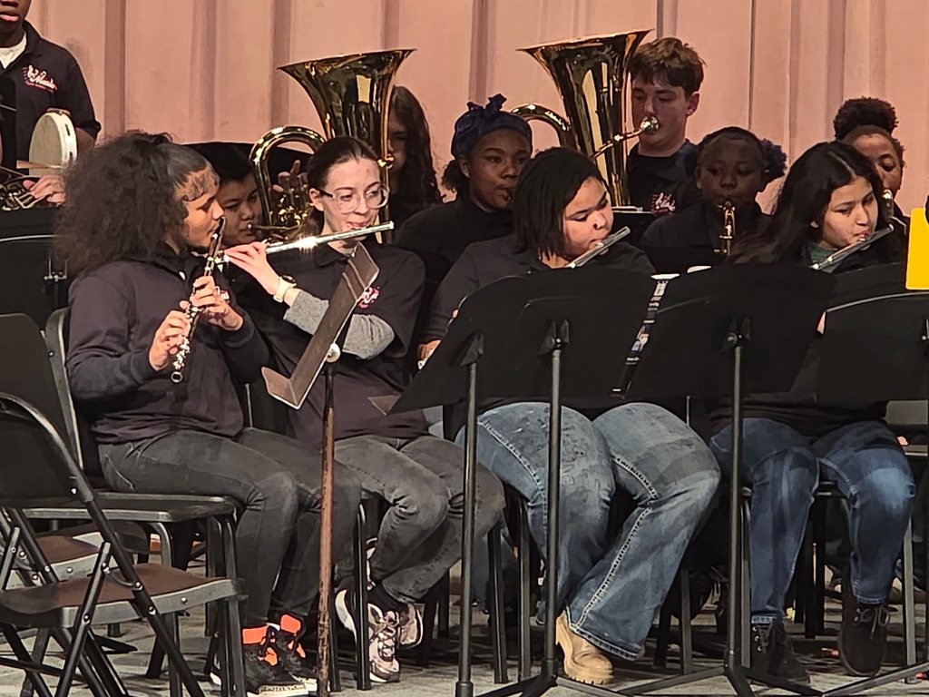 Kids playing instruments at a concert. 