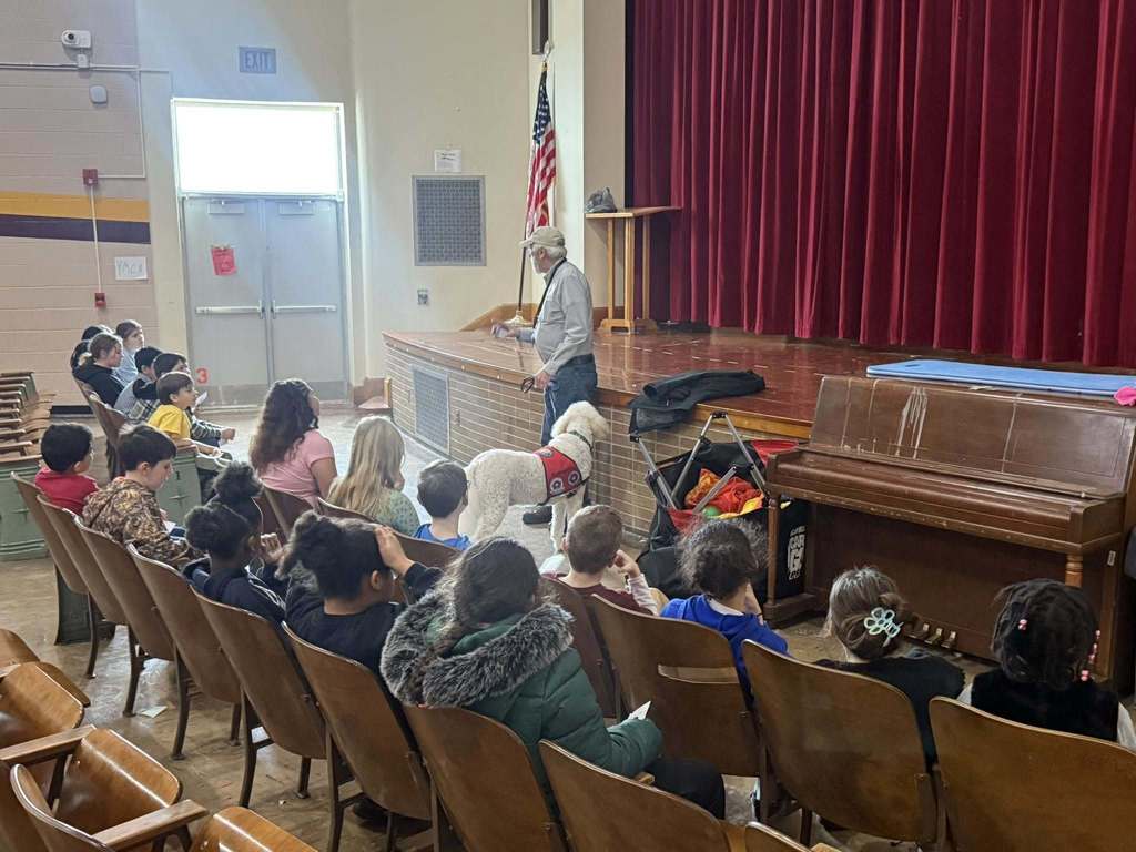Auditorium with students sitting while an adult and white dog are standing at the front.