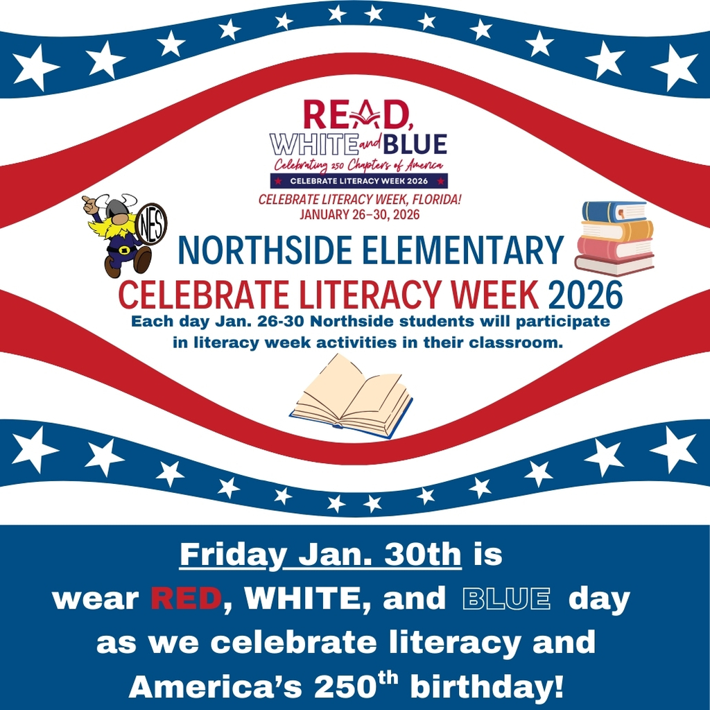 red, white, and blue stripes and stars with books and school mascot Friday wear red, white, and blue