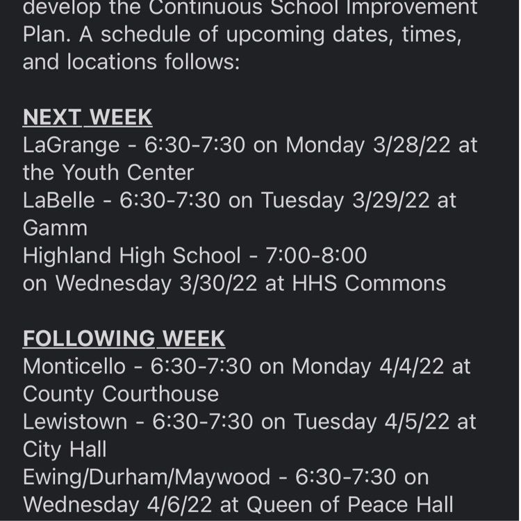 Image of upcoming dates for LCC1 town-hall meetings. Monday (3/28) will be in LaGrange at the Youth Center starting 6:30! We need our community input!!