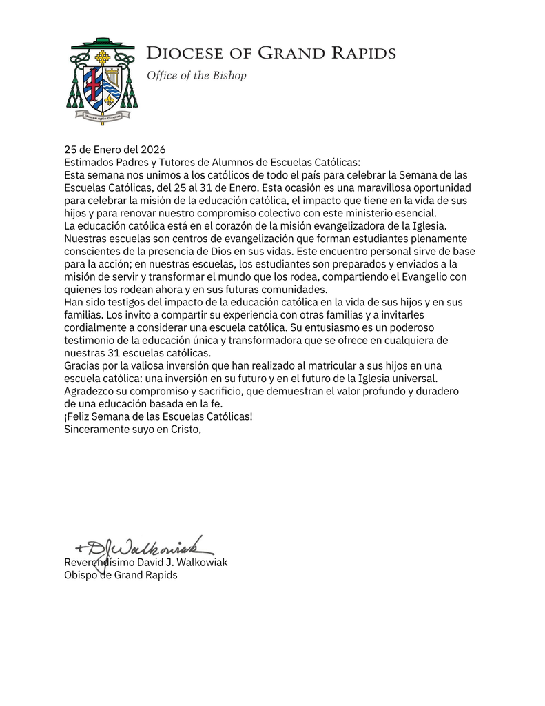 Letter from Bishop to start Catholic Schools Week (Spanish)