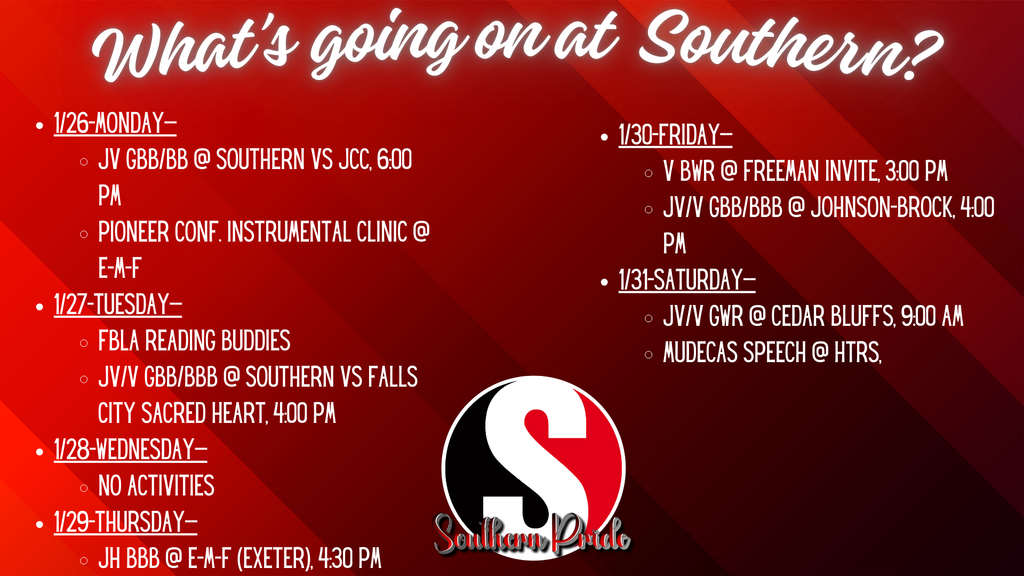 Weekly schedule graphic titled “What’s going on at Southern?” listing school activities and events from Monday, January 26 through Saturday, January 31, including basketball games, FBLA Reading Buddies, clinics, wrestling, and speech events, displayed in Southern Public Schools’ red, black, and white colors.