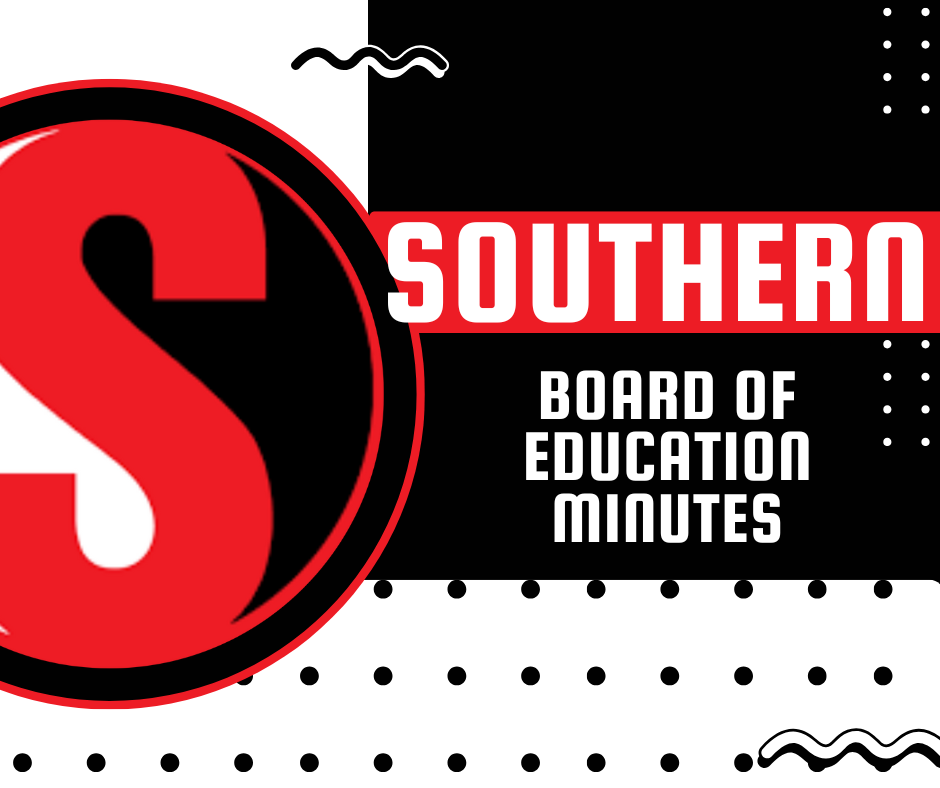 Graphic with Southern Public Schools branding reading “Southern Board of Education Minutes,” featuring the Southern “S” logo in red, black, and white with modern design elements.
