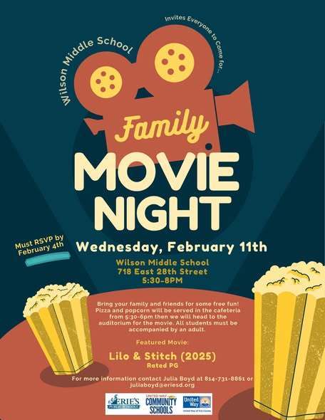 Eilson Family Movie Night flyer  for Wednesday, February 11th.