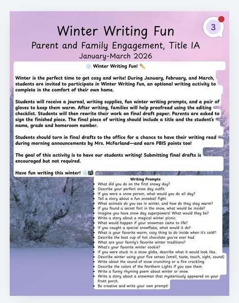 Winter writing fun flyer for parents.