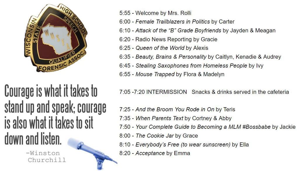 Image of Showcase schedule along with forensics badge and a Winston Churchill saying