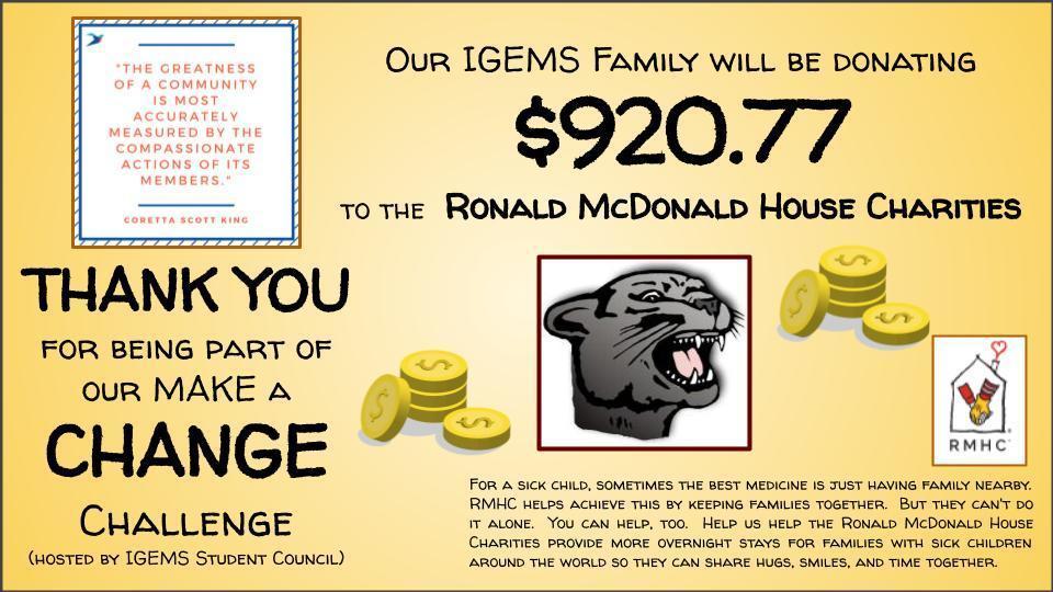 Image saying thank you to all those who participated in the Make a Change Challenge.  $920.77 will be donated to Ronald McDonald House Charities.