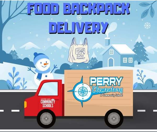 A truck with the Perry Elementary School logo in winter driving.