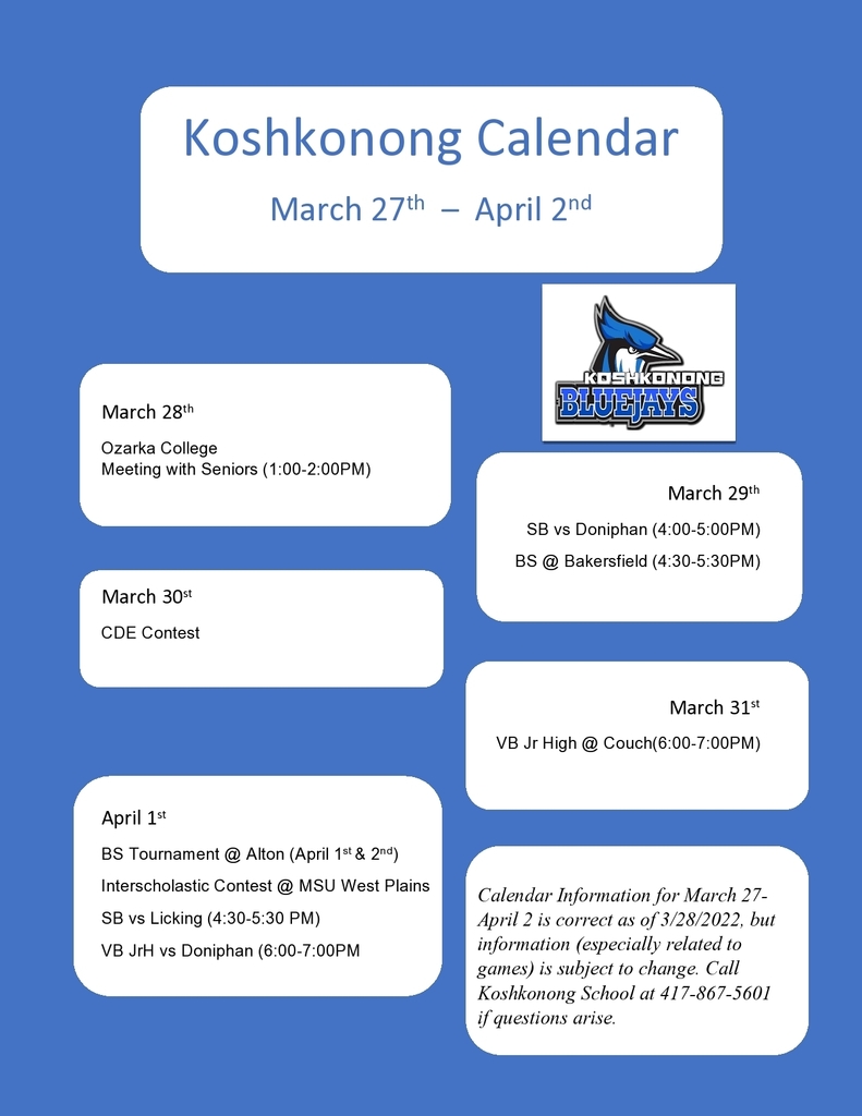 Weekly Calendar with blue background, Koshkonong Blue Jay logo and events for March 27 - April 2