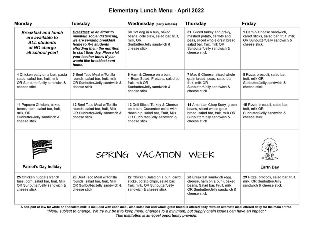 April Lunch Menu