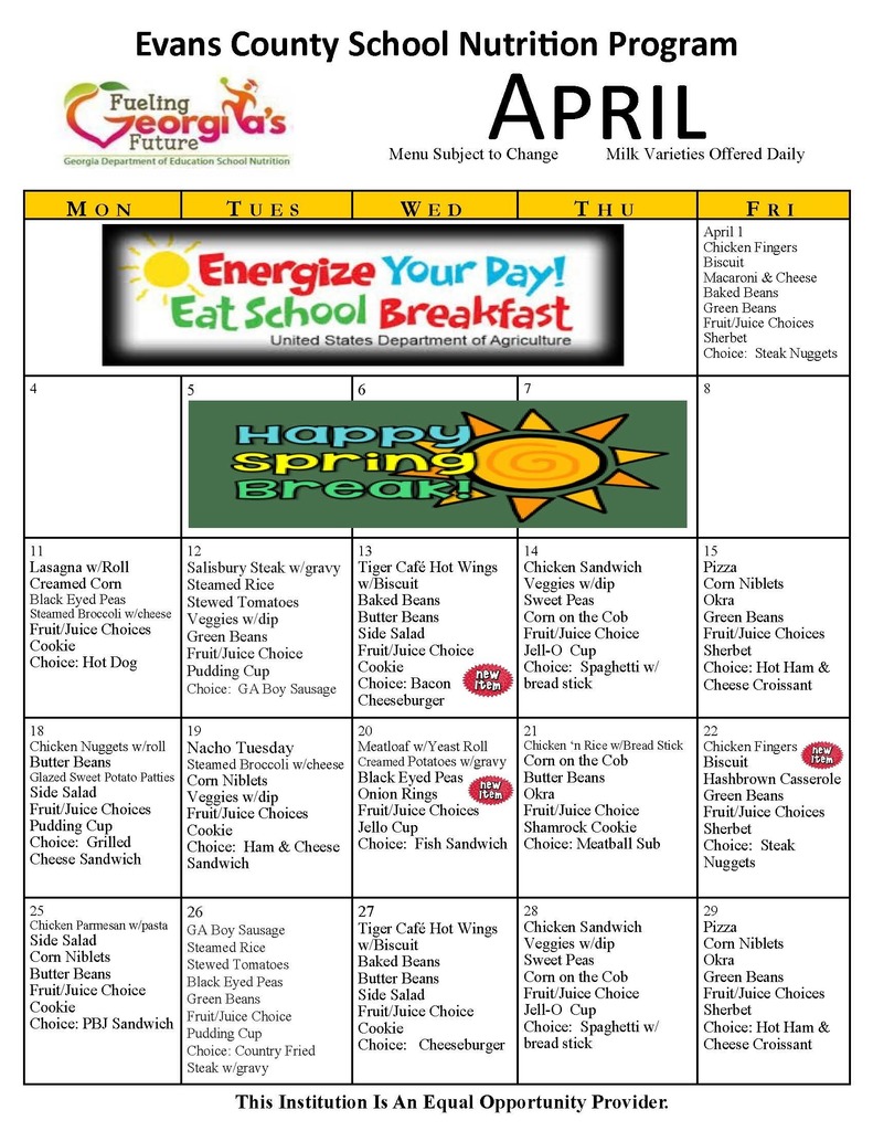 April Lunch Menu