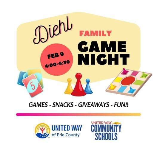 Diehl Elementary School Family Game Night on February 9 from 2 to 5:30 PM.