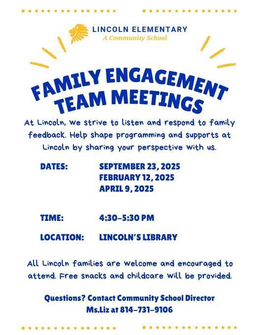 A flyer for Family Engagement Team meetings at Lincoln's library.