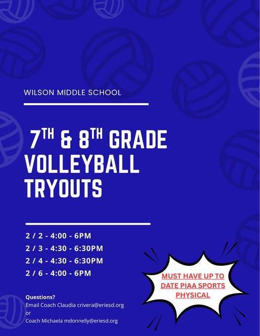 7th and 8th grade volleyball tryouts flyer. 