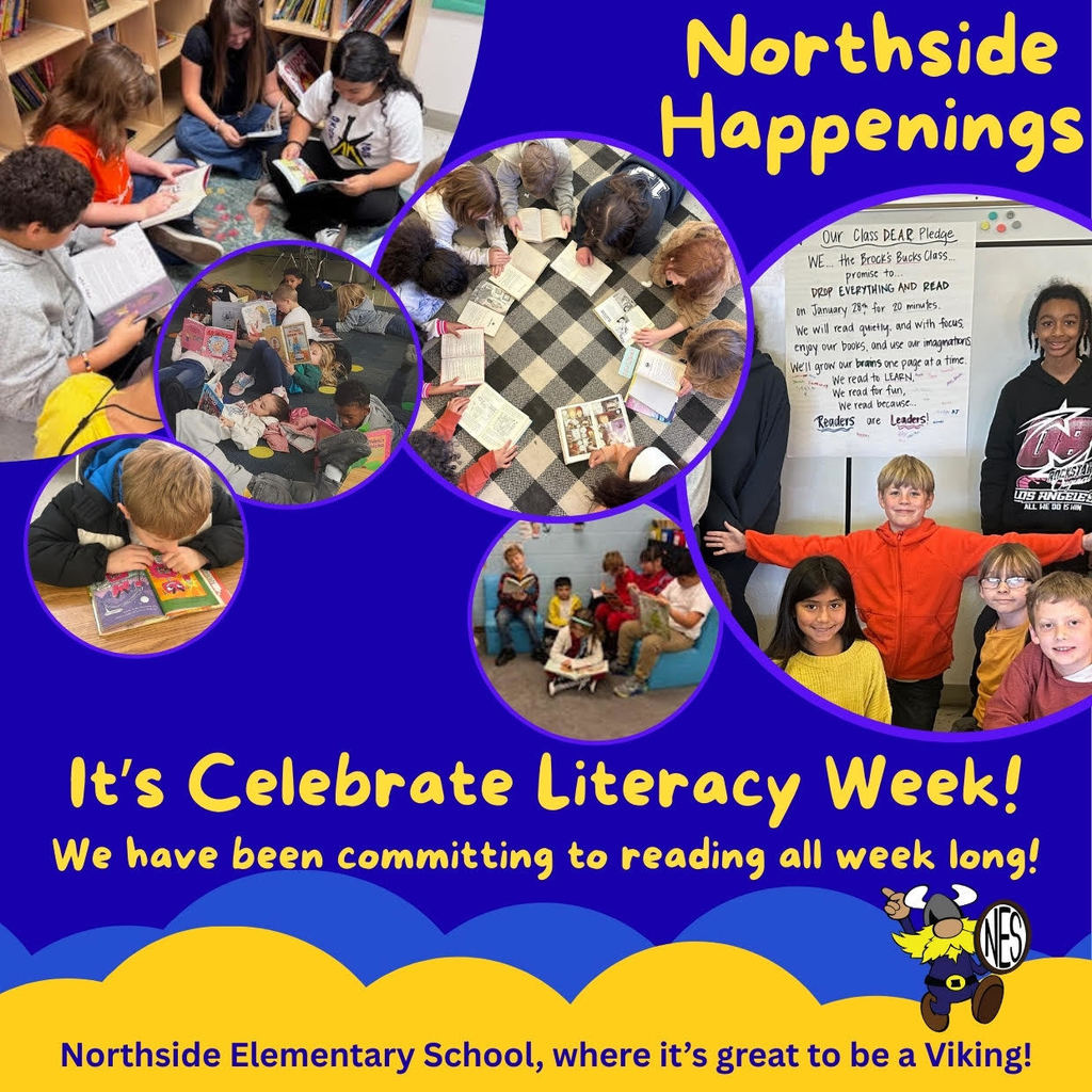 images of kids reading in a variety of positions and classrooms for Celebrate Literacy Week at Northside