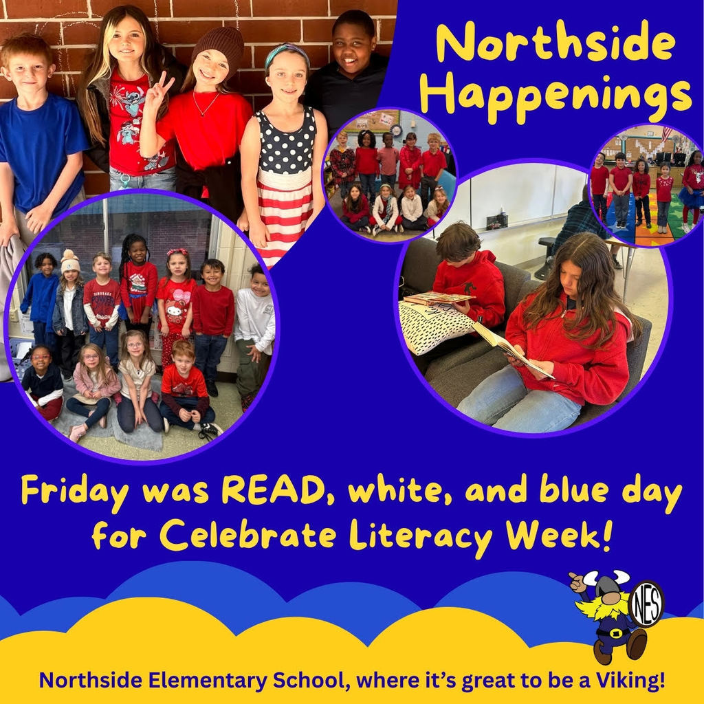 photos of elementary students in red, white, and blue outfits and school mascot