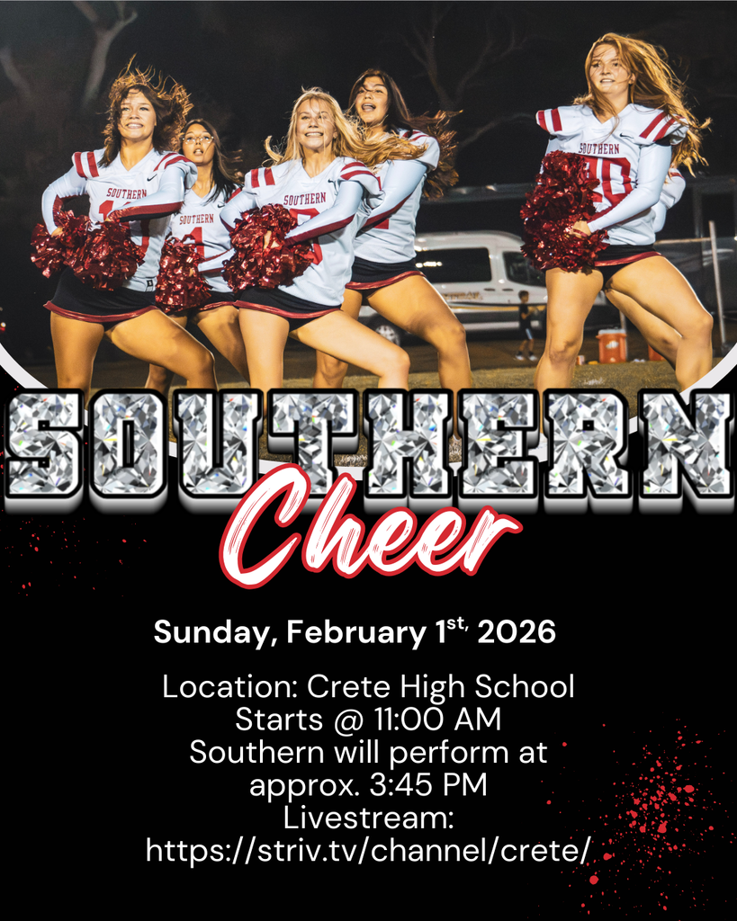 Photo graphic featuring the Southern cheer team performing a routine outdoors in matching uniforms with pom-poms. Text highlights a Southern Cheer competition with the event date, location at Crete High School, performance time, and a livestream link.