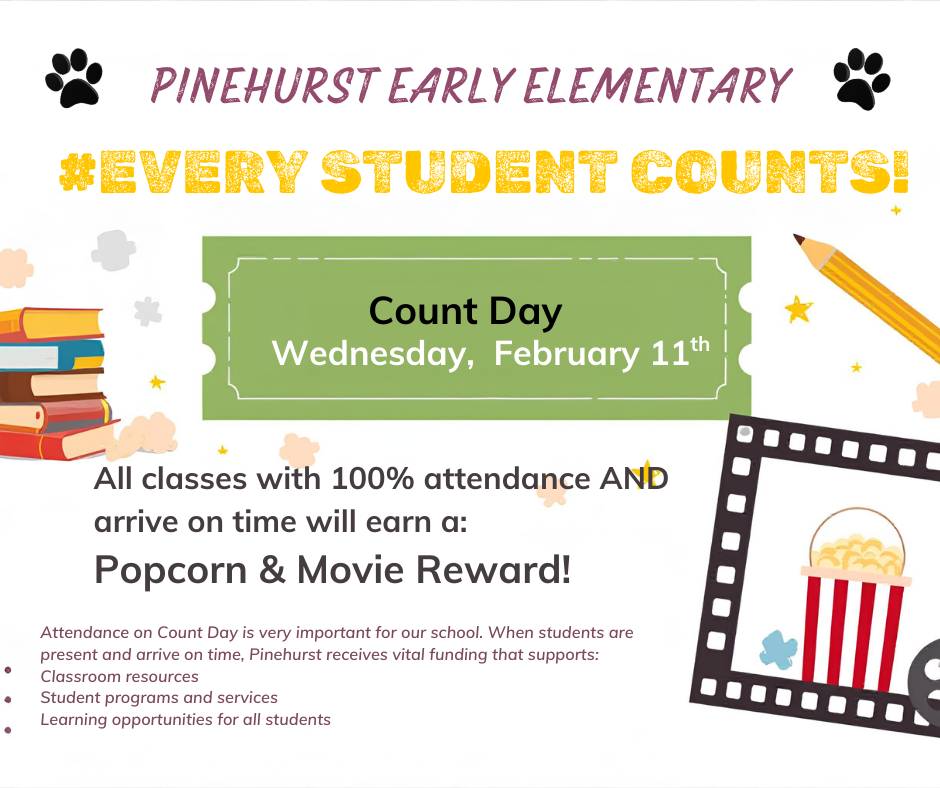 All Classes with 100% attendance, and on time, on Count Day (2/11/26) will earn Popcorn & a Movie Reward!
