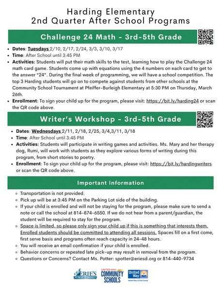 A flyer that highlights second quarter after school programs at Harding. 