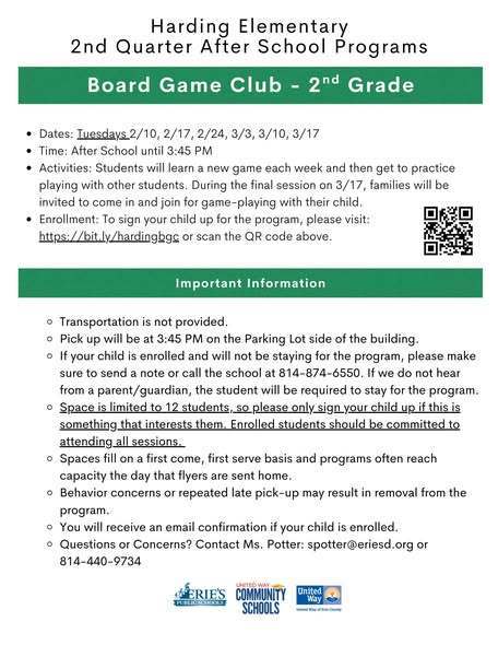 A flyer that highlights second quarter after school programs at Harding. 